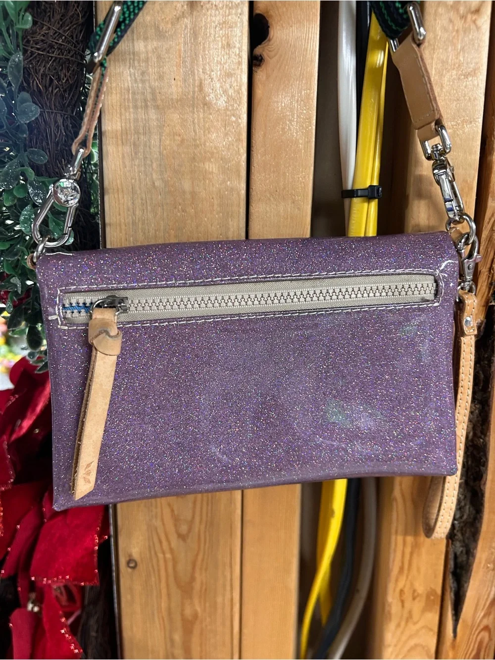 Consuela Purple Glitter Crossbody with Striped Adjustable Strap